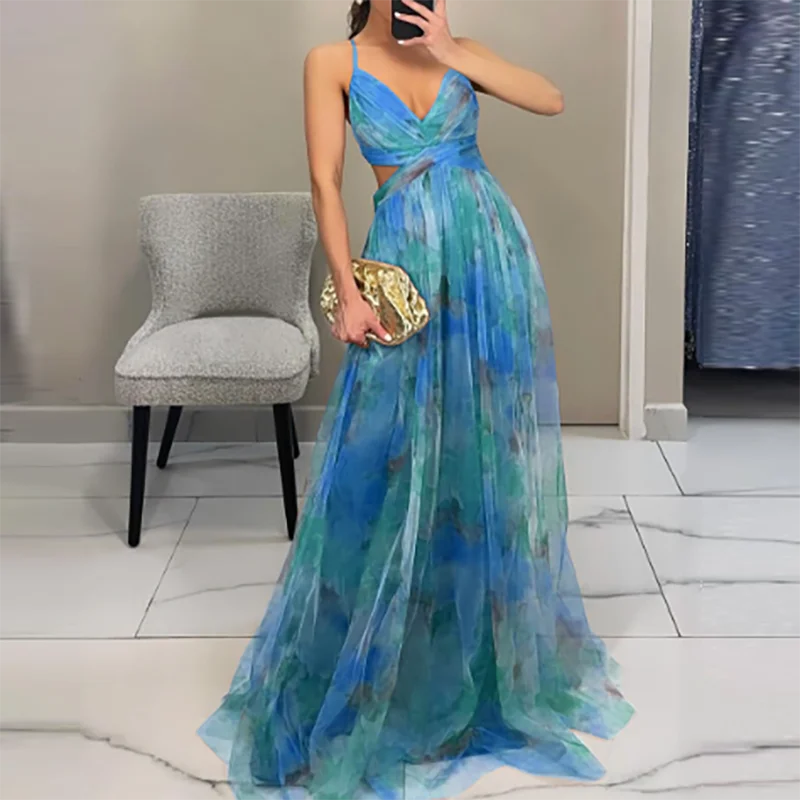 Elegant Print Pleated Mesh Evening Dress Sexy Off Shoulder Ins Vacation Long Dress Summer V Neck High Waist Backless Sling Dress