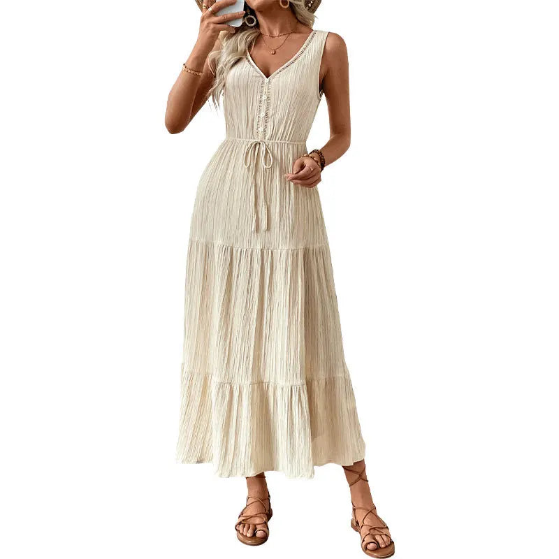 2025 Summer New Beige Sleeveless V-neck Drawstring Waist Dress Women's Vacation Seaside Beach Long Dress Fashion Pleated Skirt