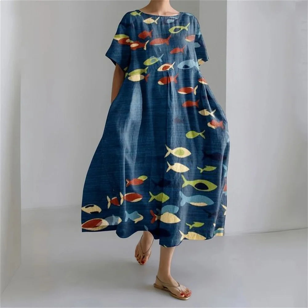 Ladies Fashion Bohemian Fish Print Long Dress for Ladies - plus size wide cut summer dress, crew-neck and elegant summer dress
