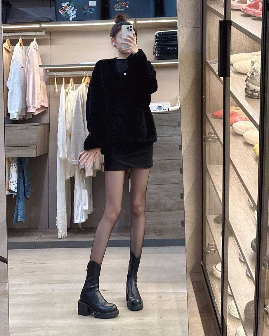 Footwear Waterproof Booties Chunky Short Shoes for Women Platform Very High Heels Female Ankle Boots Round Toe Heeled Quality Pu