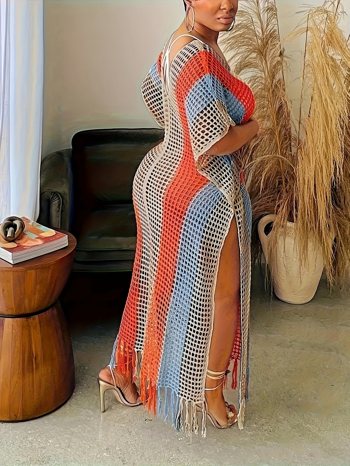Color Block Striped Hollow Out Knitted Fringe Side Split Loose Fit Semi Sheer Cover Up Dress Without Bikini, Women's Plus Size Swimwear & Clothing
