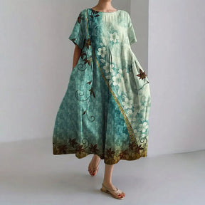 Ladies Fashion Bohemian Fish Print Long Dress for Ladies - plus size wide cut summer dress, crew-neck and elegant summer dress
