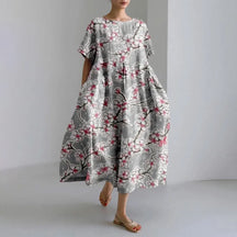 Ladies Fashion Bohemian Fish Print Long Dress for Ladies - plus size wide cut summer dress, crew-neck and elegant summer dress