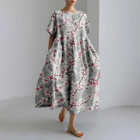 Ladies Fashion Bohemian Fish Print Long Dress for Ladies - plus size wide cut summer dress, crew-neck and elegant summer dress