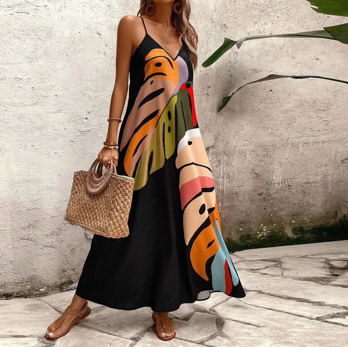 Sexy Spaghetti Strap Beach Boho Long Dress Women Summer Deep V Neck Print Maxi Loose Casual Holiday Dresses For Women Robe Femme