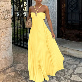 Blue High Waist Pleats Robe Dress Casual Sleeveless Solid Color Holiday Dress Summer Sexy Halter Hollow Off Shoulder Party Dress