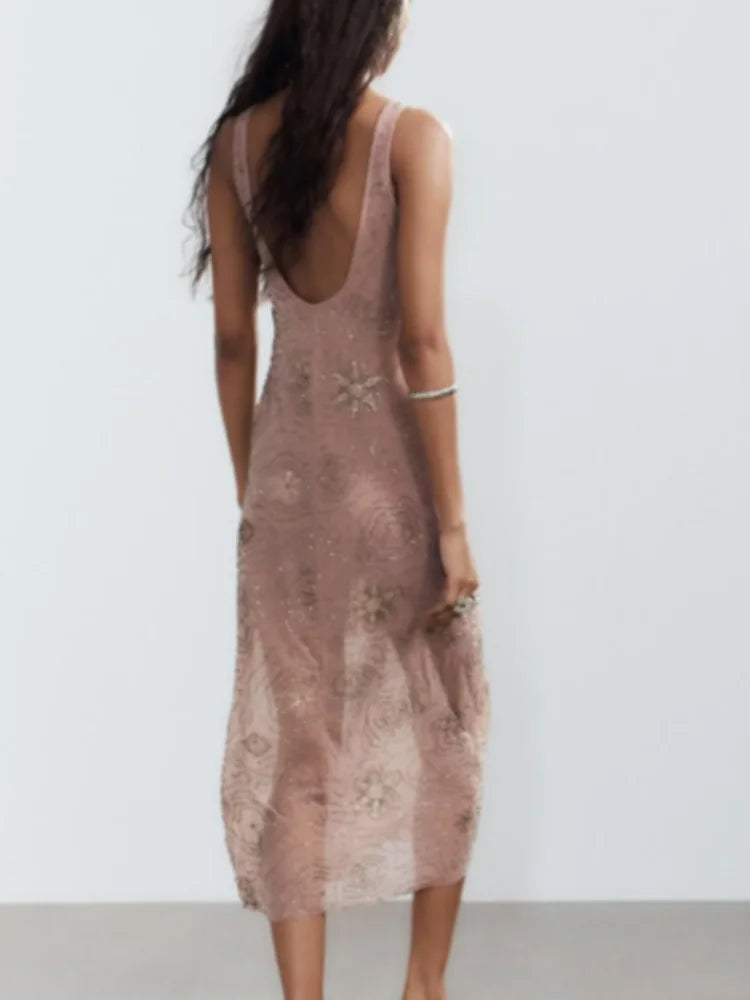 Women Sexy Glitter Sequin Sling Long Dress Elegant Sleeveless Backless Mesh Deep V Maxi Dresses 2025 Lady Party Fashion New Robe