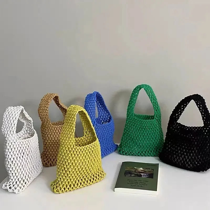 Summer Hand Woven Tote Bags Knitting Crochet Beach Shoulder Bag Hollow Out Handbag Ladies Knitting Straw Rope Underarm Bag
