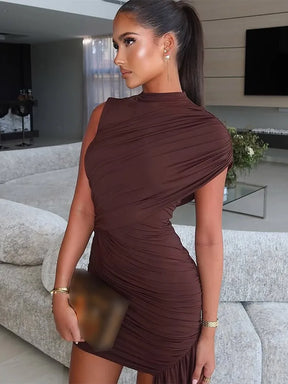 Elegant  Brown Lace Up Pleated Mini Dress Chic Round Neck High Waist Sleeveless Slim Dresses 2025 Summer Evening Party Vestidos