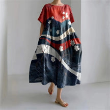Ladies Fashion Bohemian Fish Print Long Dress for Ladies - plus size wide cut summer dress, crew-neck and elegant summer dress