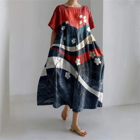 Ladies Fashion Bohemian Fish Print Long Dress for Ladies - plus size wide cut summer dress, crew-neck and elegant summer dress