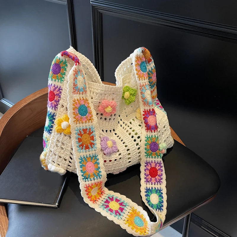 Large Capacity Boho Tote Bag Trendy Floral Crochet Handbag Vintage Multicolor Cut-out Knitted Handbag Fashionable Hollow out