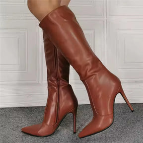 Black Knee-high Boots For Women Pointed Stiletto Heels Classic Side Zipper Winter Shoes Nightclub Club Party 11CM Female Boots