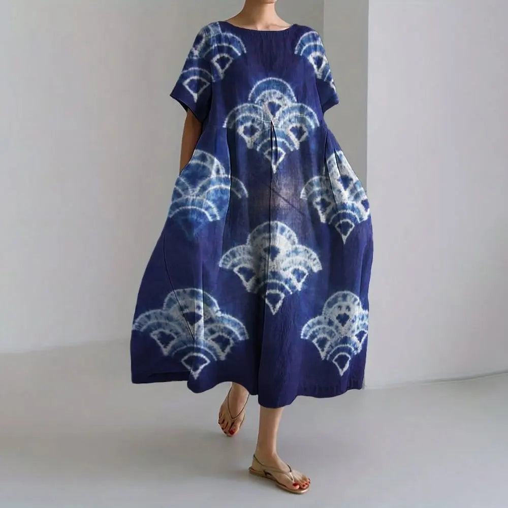 Ladies Fashion Bohemian Fish Print Long Dress for Ladies - plus size wide cut summer dress, crew-neck and elegant summer dress