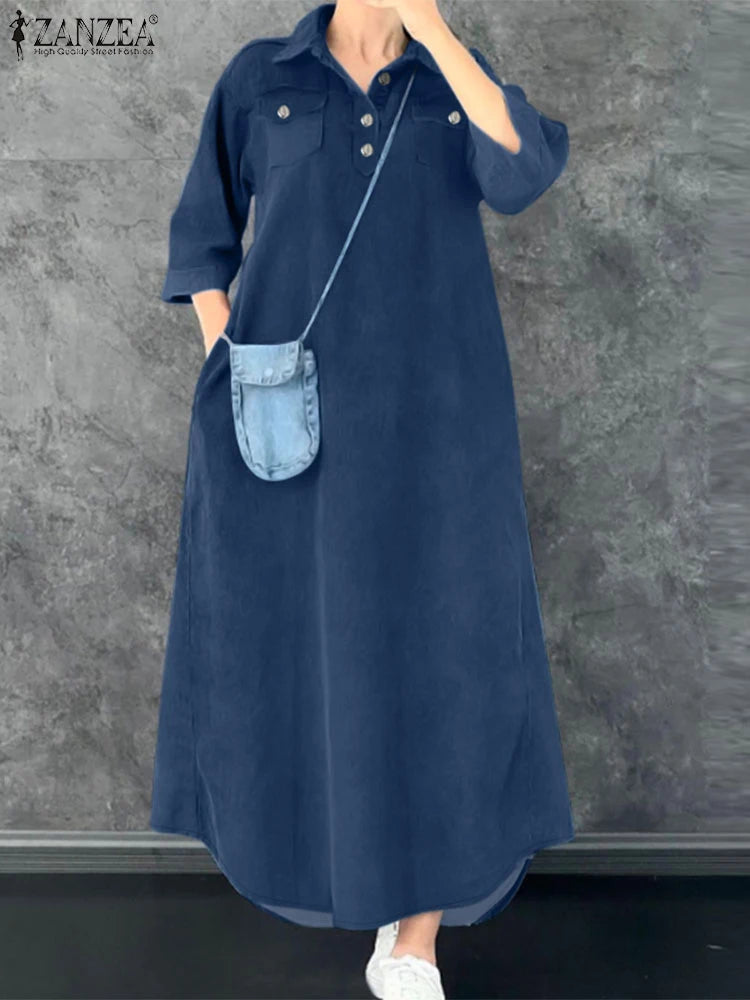 ZANZEA Fashion Spring Denim Blue Sundress Women 2025 Summer Dress Casual 3/4 Sleeve Baggy Work Vestidos Kaftan Maxi Long Dress