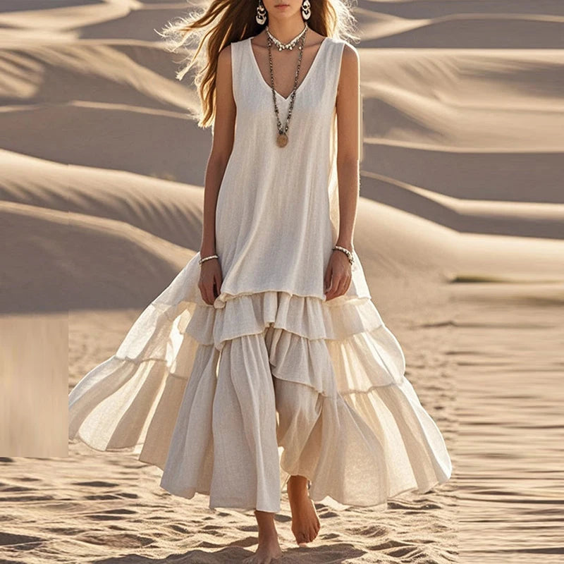 Retro Solid Cotton Linen Pleated Long Dress Woman Spring Fashion V Neck Loose Maxi Dress Summer Sleeveless Tank Boho Beach Dress