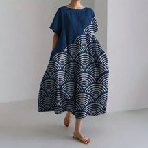 Ladies Fashion Bohemian Fish Print Long Dress for Ladies - plus size wide cut summer dress, crew-neck and elegant summer dress