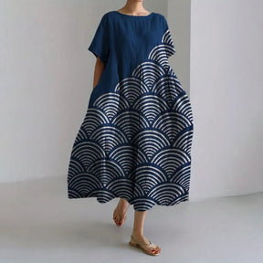 Ladies Fashion Bohemian Fish Print Long Dress for Ladies - plus size wide cut summer dress, crew-neck and elegant summer dress
