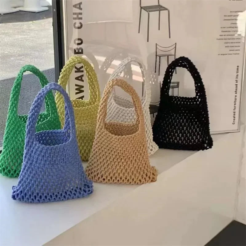 Summer Hand Woven Tote Bags Knitting Crochet Beach Shoulder Bag Hollow Out Handbag Ladies Knitting Straw Rope Underarm Bag