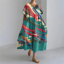 Ladies Fashion Bohemian Fish Print Long Dress for Ladies - plus size wide cut summer dress, crew-neck and elegant summer dress