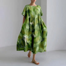Ladies Fashion Bohemian Fish Print Long Dress for Ladies - plus size wide cut summer dress, crew-neck and elegant summer dress