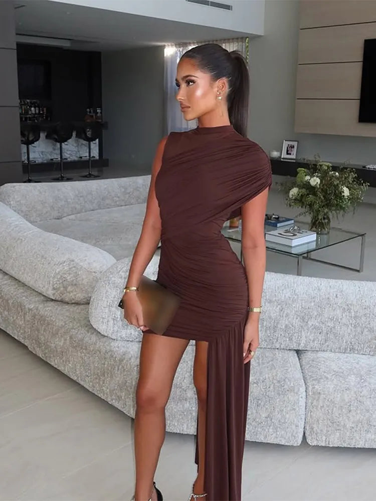 Elegant  Brown Lace Up Pleated Mini Dress Chic Round Neck High Waist Sleeveless Slim Dresses 2025 Summer Evening Party Vestidos