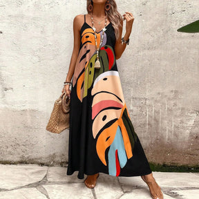 Sexy Spaghetti Strap Beach Boho Long Dress Women Summer Deep V Neck Print Maxi Loose Casual Holiday Dresses For Women Robe Femme