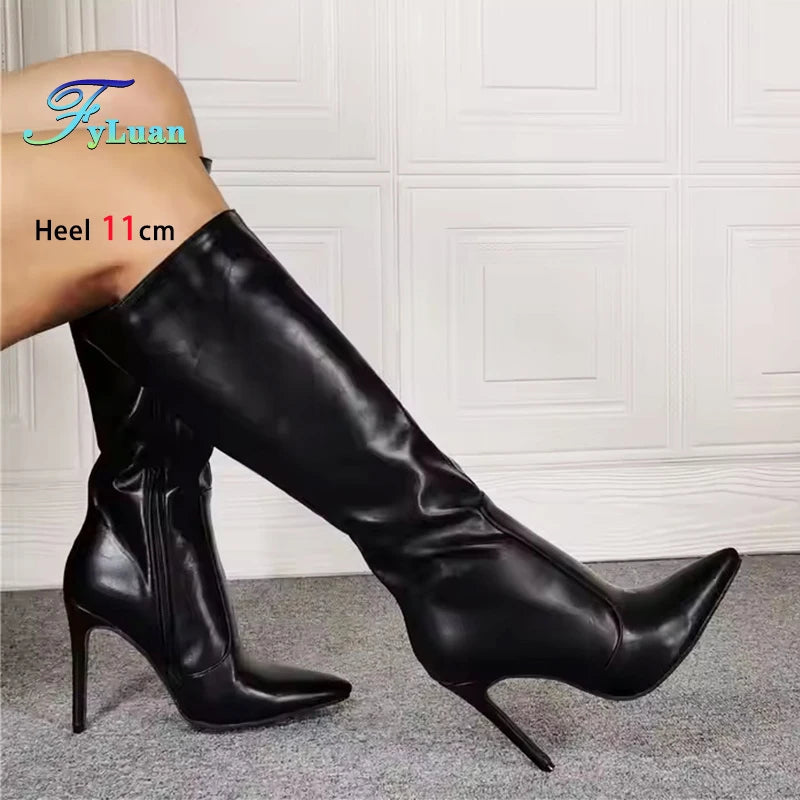 Black Knee-high Boots For Women Pointed Stiletto Heels Classic Side Zipper Winter Shoes Nightclub Club Party 11CM Female Boots
