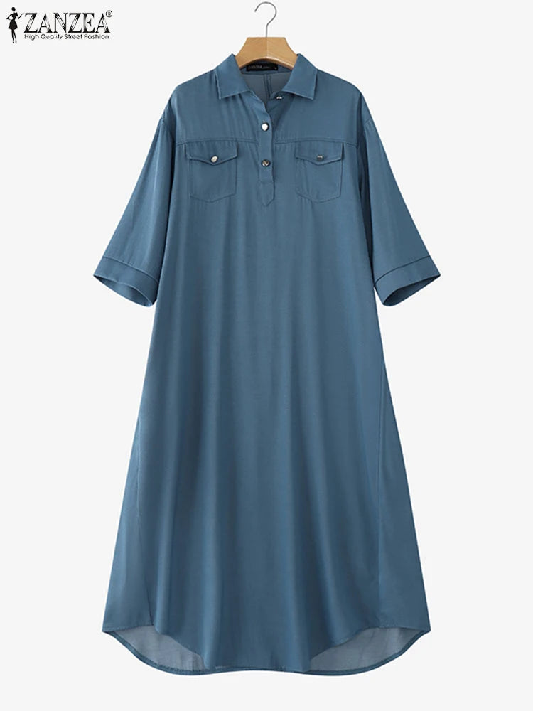 ZANZEA Fashion Spring Denim Blue Sundress Women 2025 Summer Dress Casual 3/4 Sleeve Baggy Work Vestidos Kaftan Maxi Long Dress