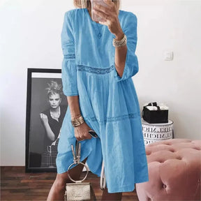 2025 Spring Summer Large Size Women's Dress White O-neck Lace Hollow Out Dresses New Fashion Casual Beach Clothes Ladies Female
