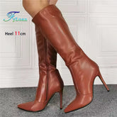 Black Knee-high Boots For Women Pointed Stiletto Heels Classic Side Zipper Winter Shoes Nightclub Club Party 11CM Female Boots
