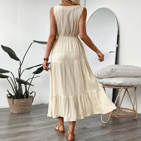 2025 Summer New Beige Sleeveless V-neck Drawstring Waist Dress Women's Vacation Seaside Beach Long Dress Fashion Pleated Skirt