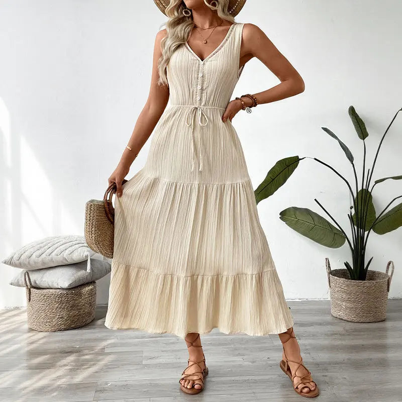 2025 Summer New Beige Sleeveless V-neck Drawstring Waist Dress Women's Vacation Seaside Beach Long Dress Fashion Pleated Skirt