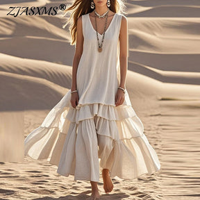 Retro Solid Cotton Linen Pleated Long Dress Woman Spring Fashion V Neck Loose Maxi Dress Summer Sleeveless Tank Boho Beach Dress