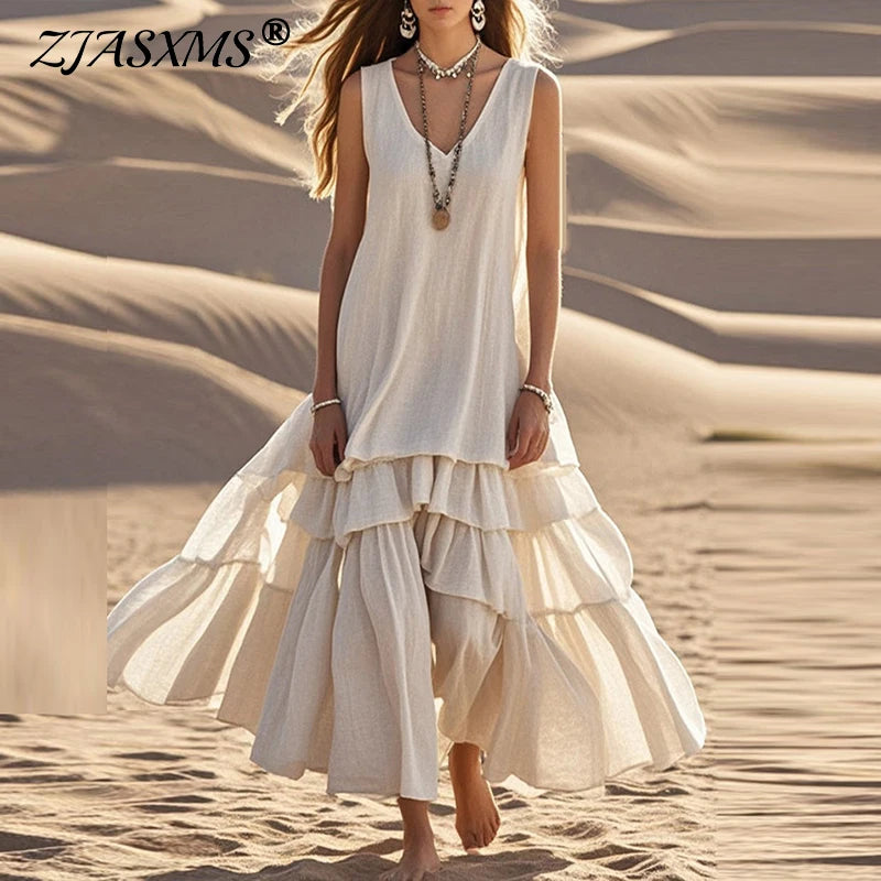 Retro Solid Cotton Linen Pleated Long Dress Woman Spring Fashion V Neck Loose Maxi Dress Summer Sleeveless Tank Boho Beach Dress
