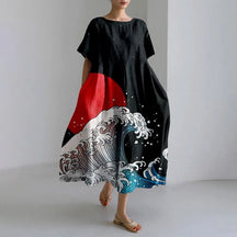 Ladies Fashion Bohemian Fish Print Long Dress for Ladies - plus size wide cut summer dress, crew-neck and elegant summer dress