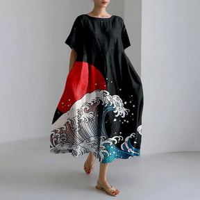 Ladies Fashion Bohemian Fish Print Long Dress for Ladies - plus size wide cut summer dress, crew-neck and elegant summer dress