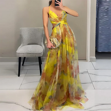 Elegant Print Pleated Mesh Evening Dress Sexy Off Shoulder Ins Vacation Long Dress Summer V Neck High Waist Backless Sling Dress