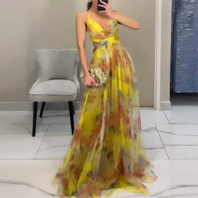 Elegant Print Pleated Mesh Evening Dress Sexy Off Shoulder Ins Vacation Long Dress Summer V Neck High Waist Backless Sling Dress