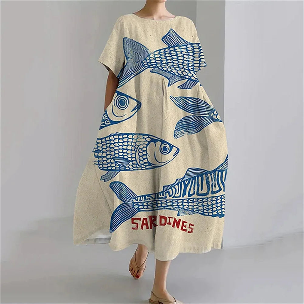 Ladies Fashion Bohemian Fish Print Long Dress for Ladies - plus size wide cut summer dress, crew-neck and elegant summer dress