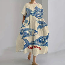 Ladies Fashion Bohemian Fish Print Long Dress for Ladies - plus size wide cut summer dress, crew-neck and elegant summer dress