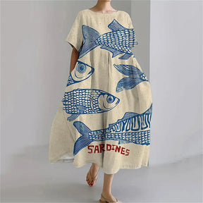 Ladies Fashion Bohemian Fish Print Long Dress for Ladies - plus size wide cut summer dress, crew-neck and elegant summer dress