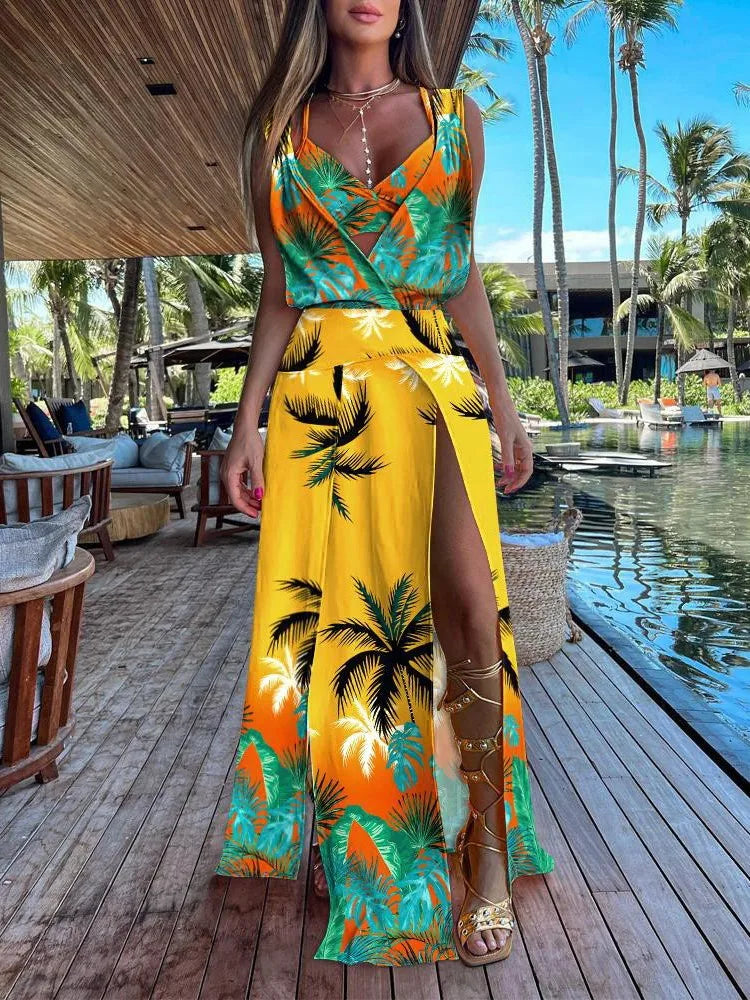 Summer Women's New Fashionable Printed Camisole Vest+sexy V-neck Sleeveless Backless Slit Dress Two-piece Set