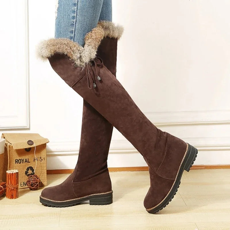 Hot Warm Snow Boots Women 2024 Winter Shoes Warm Fur Plush Over Knee High Boot Ladies Casual Low Rubber Heels Long Shoes Female