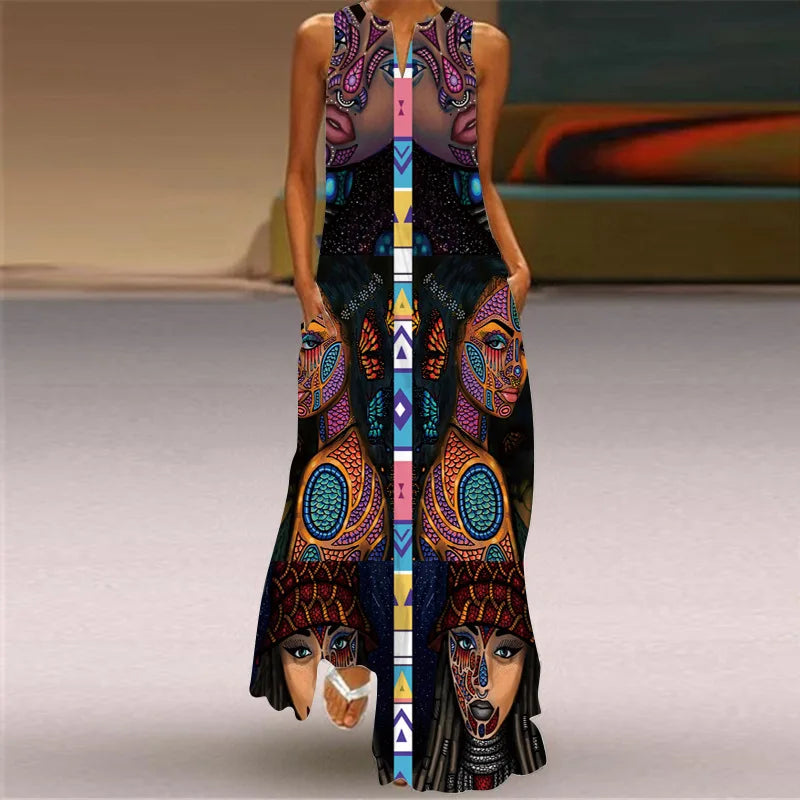 New African Women's Long Dresses Spring/Summer Fashion Bohemian Beach Party Sleeveless Party Elegant Sexy Long Vestidos S-3XL