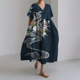 Ladies Fashion Bohemian Fish Print Long Dress for Ladies - plus size wide cut summer dress, crew-neck and elegant summer dress