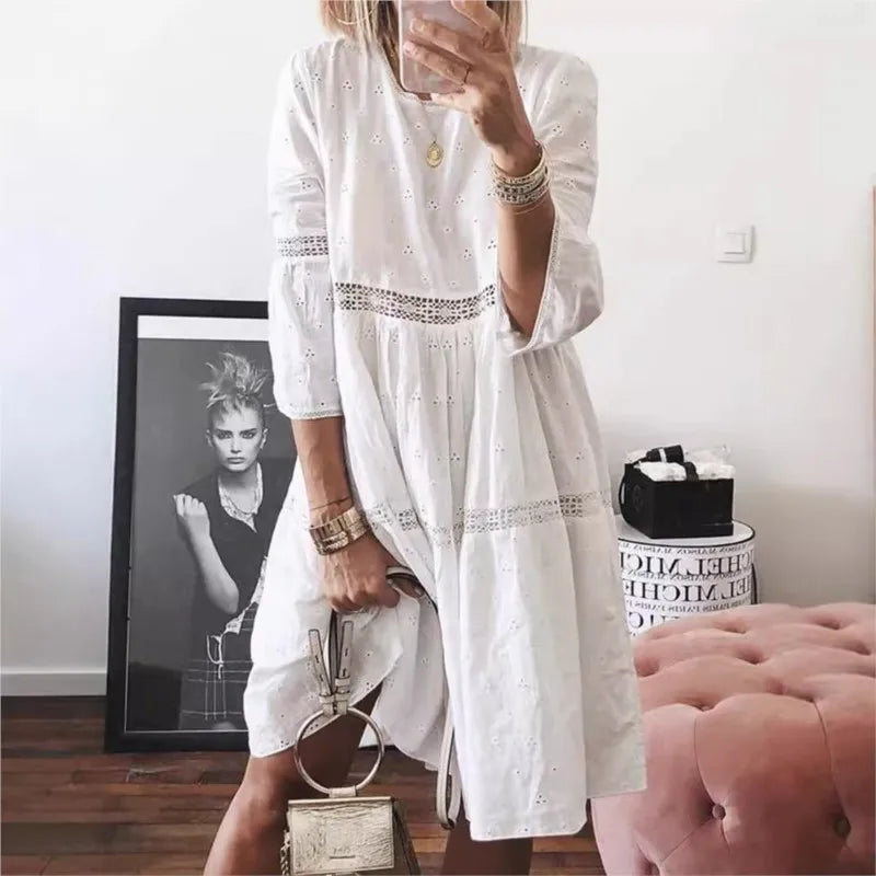 2025 Spring Summer Large Size Women's Dress White O-neck Lace Hollow Out Dresses New Fashion Casual Beach Clothes Ladies Female