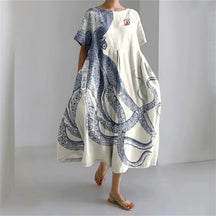Ladies Fashion Bohemian Fish Print Long Dress for Ladies - plus size wide cut summer dress, crew-neck and elegant summer dress