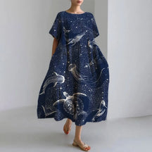 Ladies Fashion Bohemian Fish Print Long Dress for Ladies - plus size wide cut summer dress, crew-neck and elegant summer dress