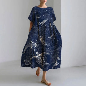 Ladies Fashion Bohemian Fish Print Long Dress for Ladies - plus size wide cut summer dress, crew-neck and elegant summer dress
